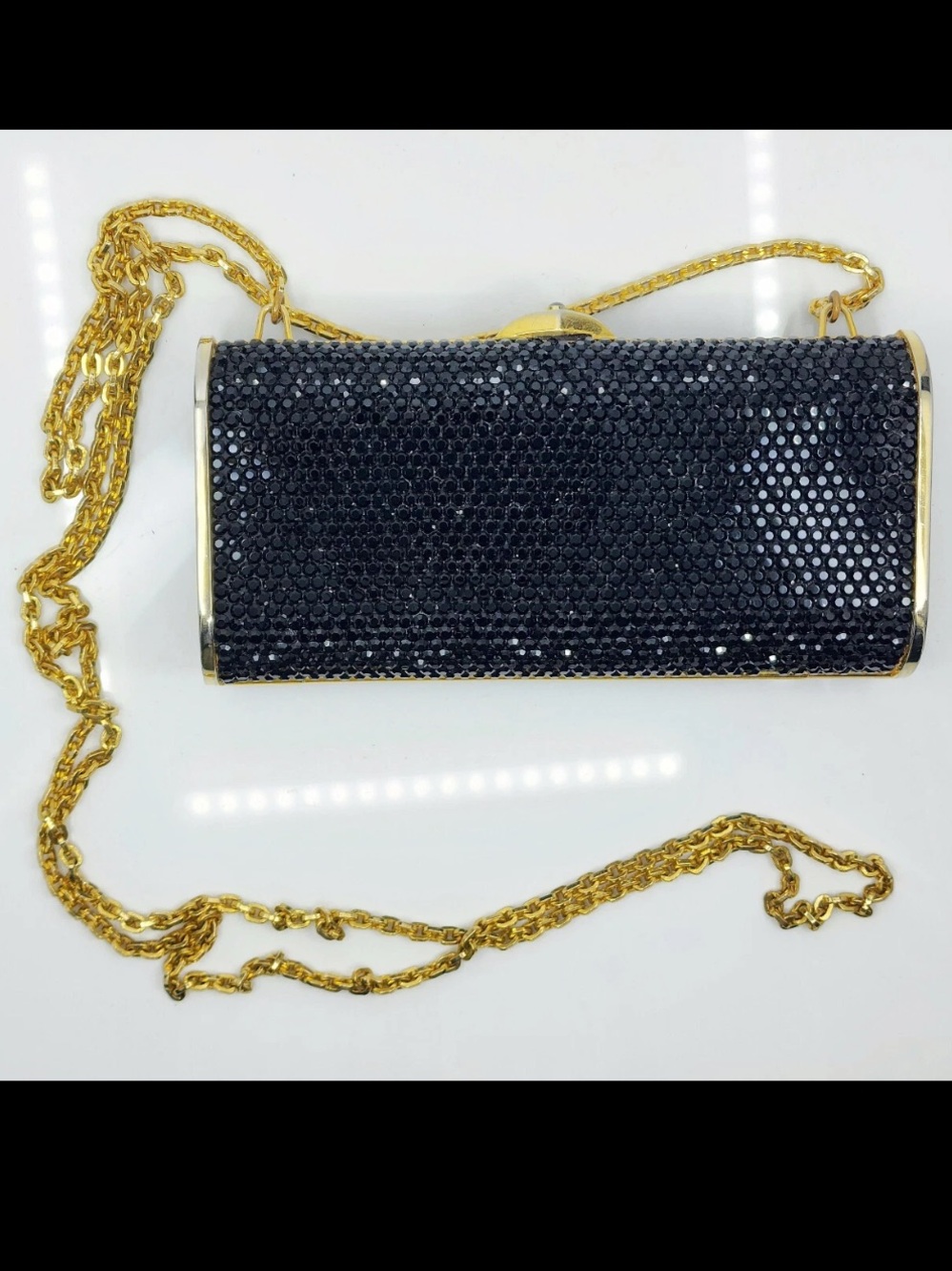 Judith Leiber Black Crystal Clutch with Gold Chain